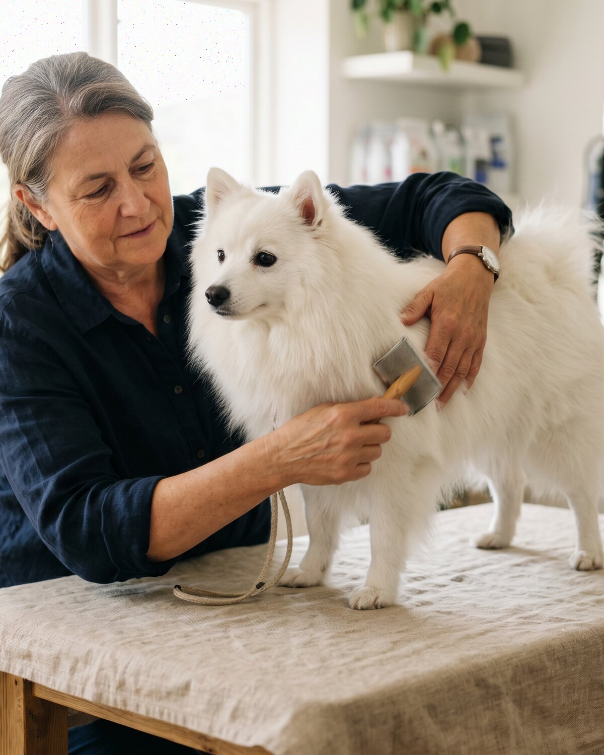 Brossage d’un Spitz blanc sur une table de toilettage en lin