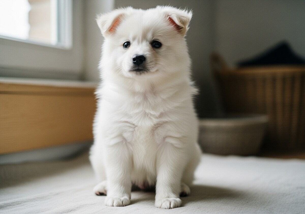 Chiot Spitz allemand blanc de Maison Nivose, sur un plaid de lin clair