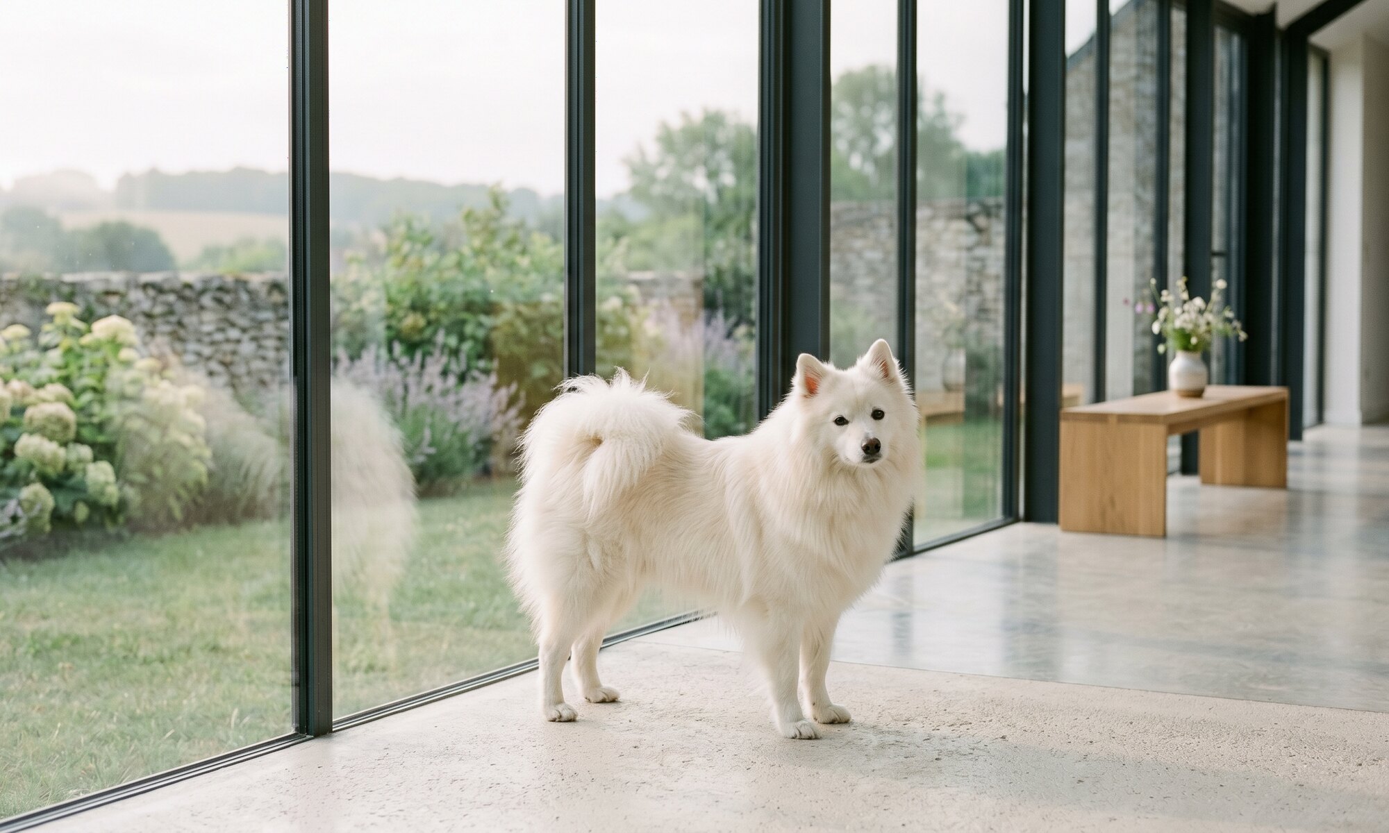 Spitz allemand blanc dans la maison vitrée de Maison Nivose, jardin de Touraine en fond