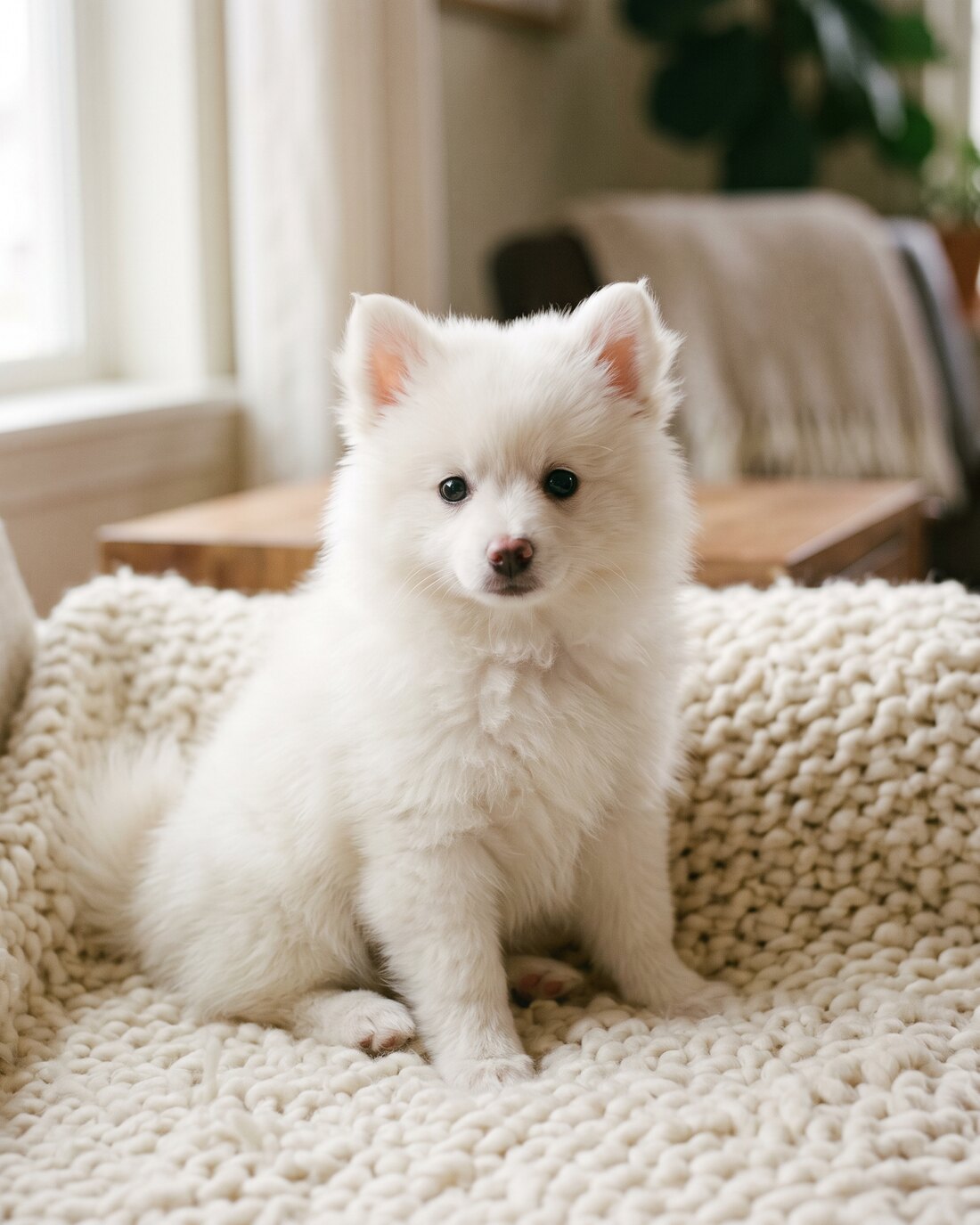 Jeune Spitz blanc posé sur une matière claire