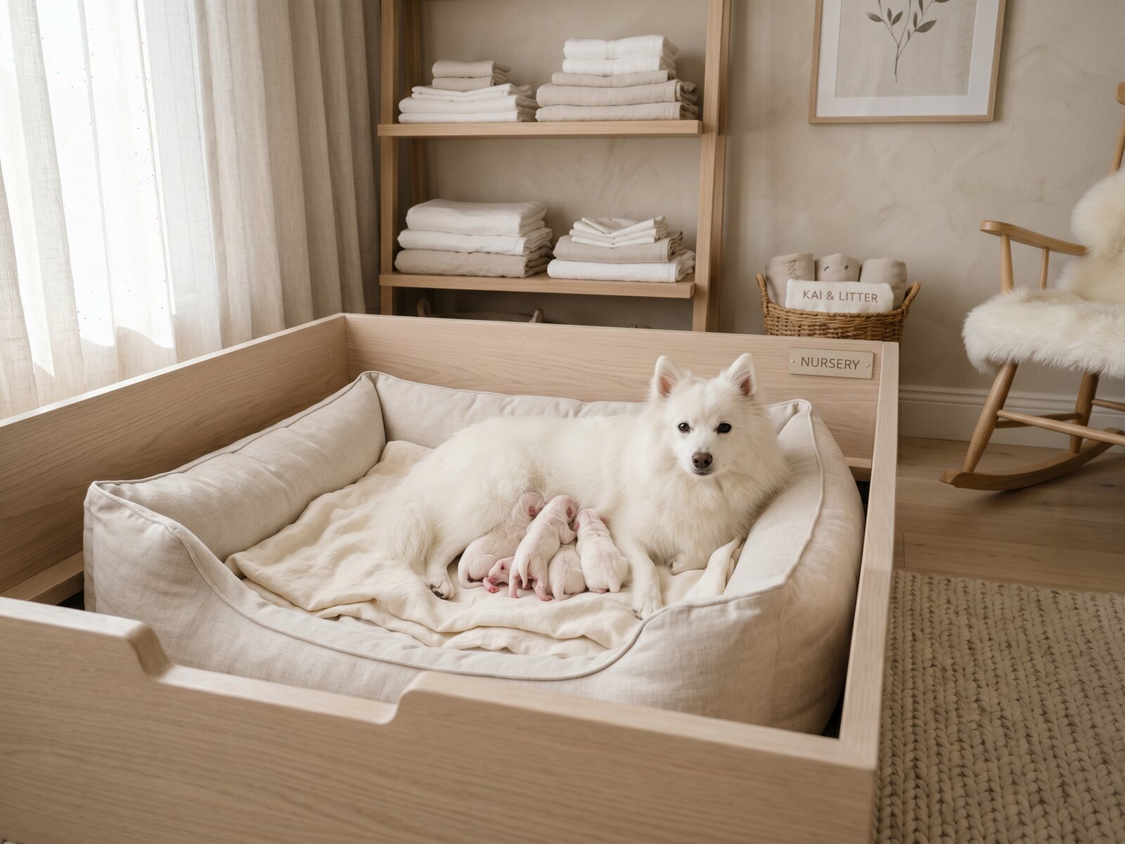 Mère Spitz blanche et ses chiots dans une nurserie en bois et lin